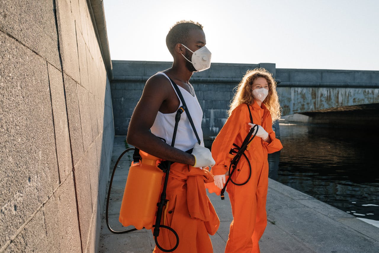 Two people in orange uniforms and face masks outdoors by a canal, engaged in community service.